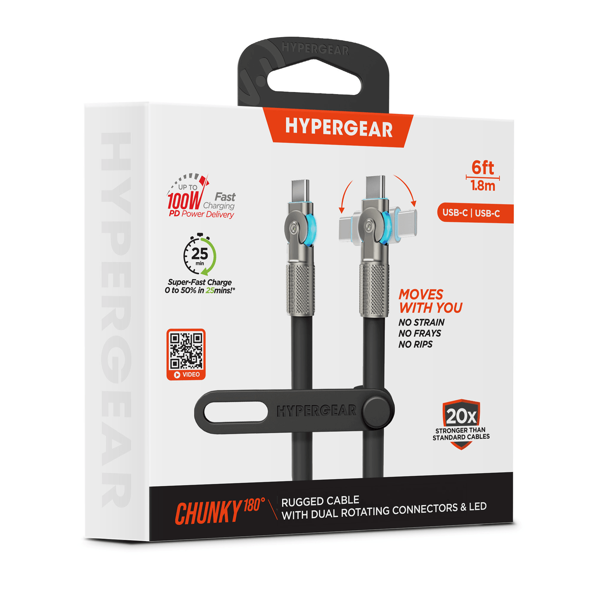 HyperGear Chunky180° 100W USB-C to USB-C Rugged Fast Charge Cable 6ft