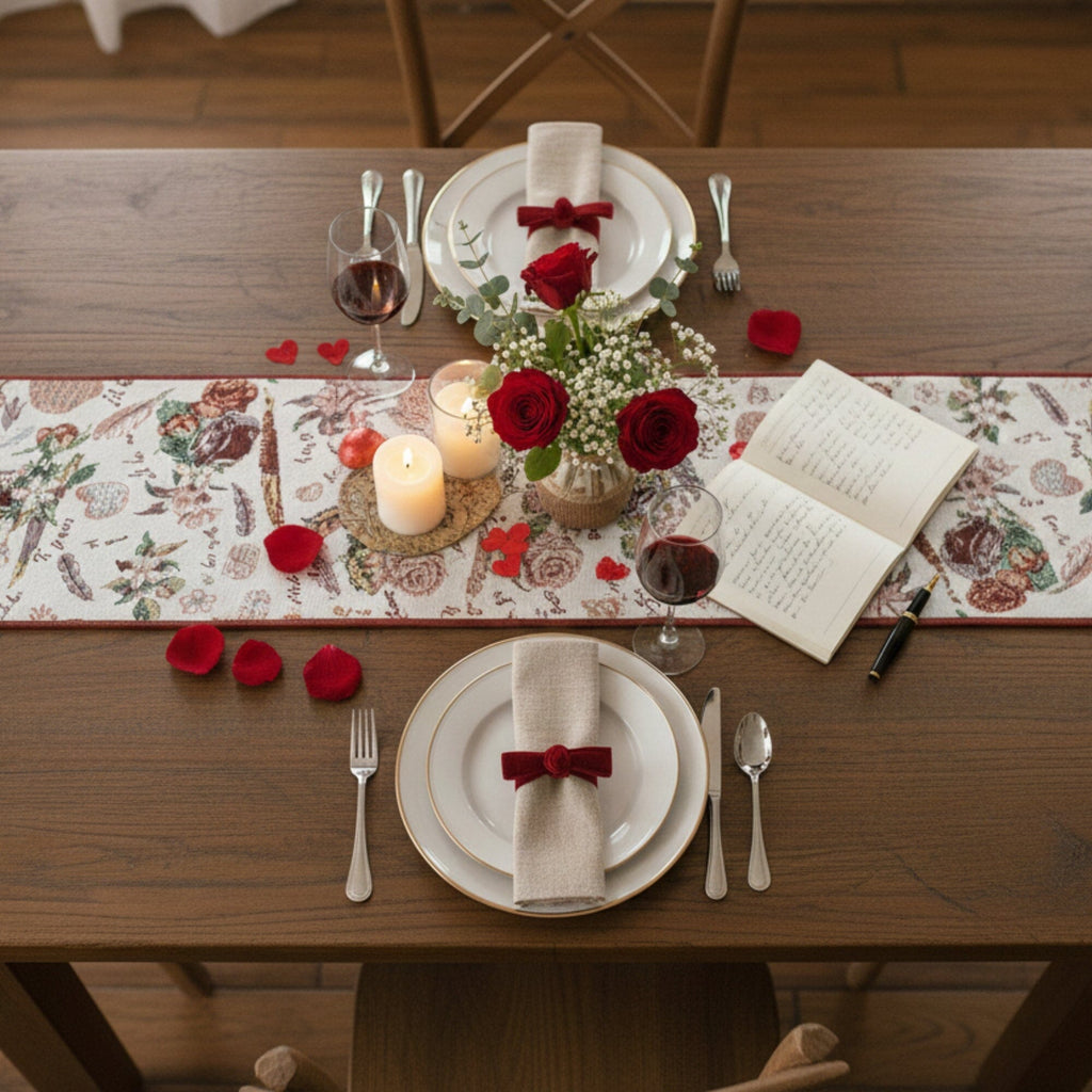 DaDa Bedding Sweet Heart Love Notes Pink Floral Woven Tapestry Dining Table Runner (18273)