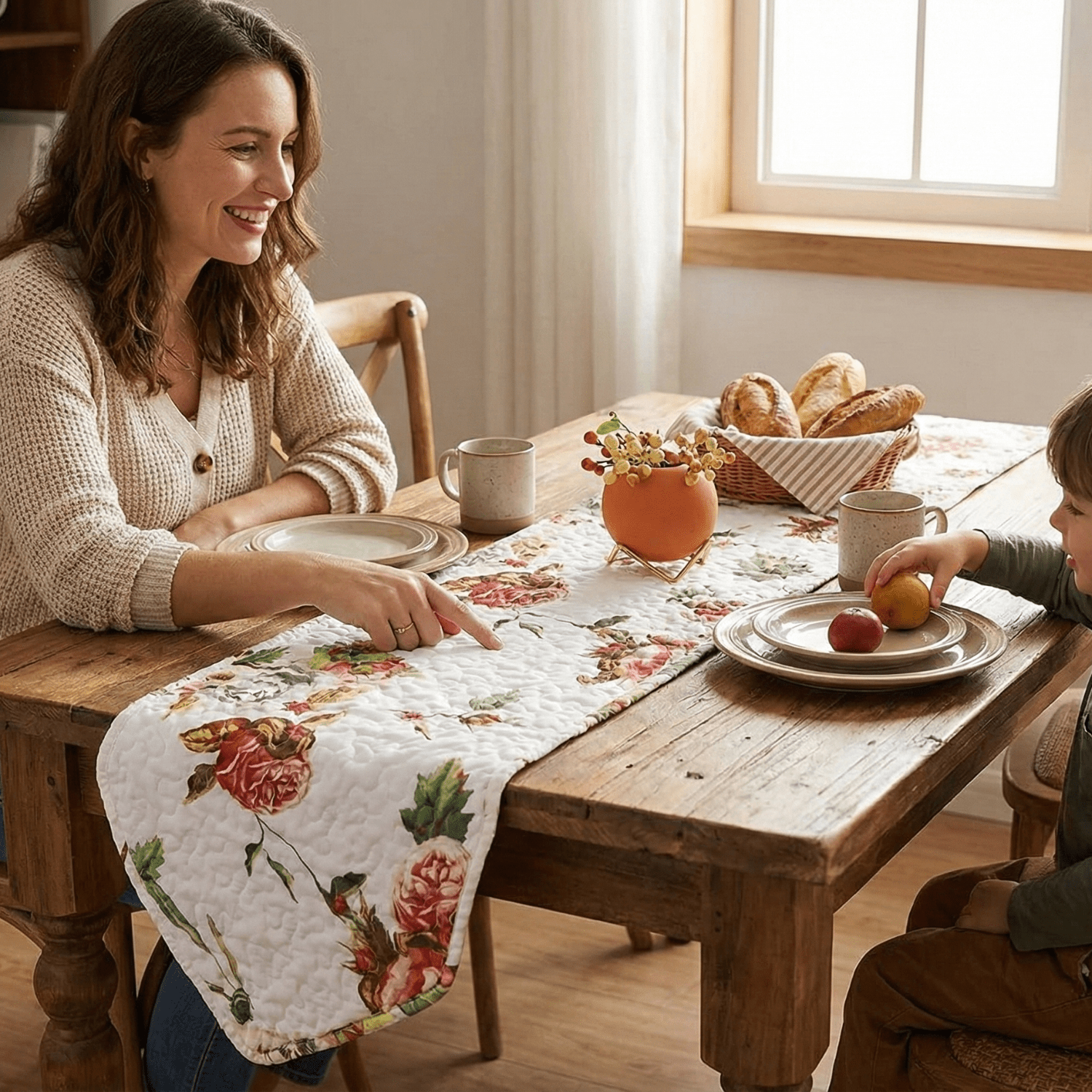 DaDa Bedding Romantic Roses Pink White Lovely Floral Quilted Dining Table Runner (879)