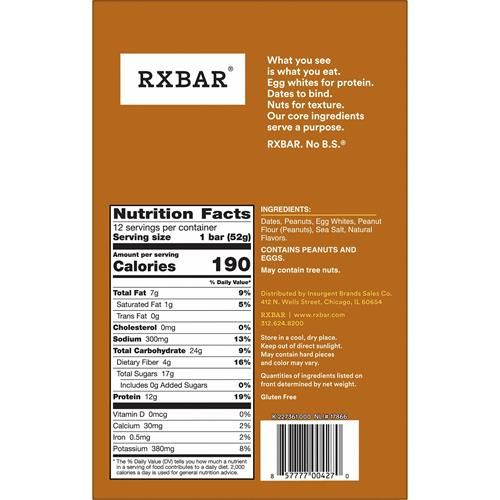Rxbar Protein Bars, 12G Protein, Gluten Free Snacks, Snack Bars, Peanut Butter, 22Oz Box (12 Bars)